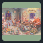 Pegatina Cuadrada Vintage Christmas, Santa Claus con Elves Workshop<br><div class="desc">Ilustracion de la Vintage. Imagen de feriado de Navidad con Jolly San Nicolás y sus elfos ocupados construyendo juguetes, muñecas, caballos mecedores, etc. en el taller de Santa en el Polo Norte en la Víspera de los Navidades. Santa Claus está revisando su lista traviesa o buena una vez más para...</div>