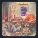 Pegatina Cuadrada Vintage Christmas, Santa Claus con Elves Workshop<br><div class="desc">Ilustracion de la Vintage. Imagen de feriado de Navidad con Jolly San Nicolás y sus elfos ocupados construyendo juguetes, muñecas, caballos mecedores, etc. en el taller de Santa en el Polo Norte en la Víspera de los Navidades. Santa Claus está revisando su lista traviesa o buena una vez más para...</div>
