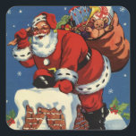 Pegatina Cuadrada Vintage Christmas, Santa Claus Down Chimney w Toys<br><div class="desc">Ilustracion de época Feliz Navidad diseño con un alegre Santa Claus en un techo cubierto de nieve,  bajando por la chimenea con un saco lleno de juguetes,  regalos envueltos,  osos de peluche y tambores en la víspera de los Navidades. ¡Felices fiestas y saludos de temporada!</div>