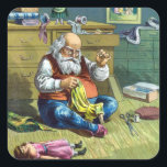 Pegatina Cuadrada Vintage Christmas, Santa Claus haciendo muñecas de<br><div class="desc">Diseño de las vacaciones de ilustracion Vintage Feliz Navidad con una página del libro Santa Claus y Sus Obras. Publicado por McLoughlin Brothers en 1889. La historia nos cuenta del trabajo de Santa haciendo juguetes para todos los niños y chicas buenos del mundo. Esta imagen de la era victoriana muestra...</div>
