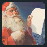 Pegatina Cuadrada Vintage Christmas, Santa Claus Naughty Nice List<br><div class="desc">Ilustracion de la Vintage. Imagen de feriado navideño con un alegre Santa Claus usando a su gorra rojo y revisando su traviesa o buena lista en la Noche de los Navidades.</div>