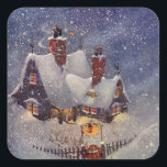 Pegatina Cuadrada Vintage Christmas, Santa Claus Workshop North Pole<br><div class="desc">Ilustracion de la Vintage. Imagen de feriado navideño de Feliz Navidad con el taller de Santa Claus en el Polo Norte durante una tormenta de nieve en la víspera de los Navidades. La casa tiene dos chimeneas para mantener el calor y el sueño durante la nieve de invierno. Todas las...</div>