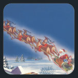 Pegatina Cuadrada Vintage Christmas, Santa Flying Sleigh w Reindeer<br><div class="desc">Ilustracion de la Vintage. Imagen de feriado navideño con un alegre Santa Claus con su reno. Están volando su trineo lleno de juguetes a través del cielo azul y sobre un pueblo dormido cubierto de nieve en invierno en la víspera de los Navidades. Ho, ho, ho Happy Holidays and Season's...</div>