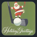 Pegatina Cuadrada Vintage Christmas Santa On Golf Club<br><div class="desc">Un Pegatina de la Plaza de la Fiesta de la Navidad de Santa Golfing.</div>