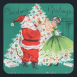 Pegatina Cuadrada Vintage Christmas Santa y el árbol decorativo Chic<br><div class="desc">Vintage Navidad Santa y Chica decorando el Pegatina de la Plaza del Árbol.</div>