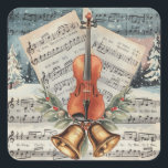 Pegatina Cuadrada Vintage Christmas Sheet Music con un violín<br><div class="desc">Este ilustracion contiene una escena de Navidades con partituras antiguas y cielos azules mientras cae la nieve con un violín y árboles de Navidad.</div>
