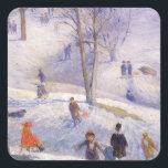 Pegatina Cuadrada Vintage Christmas, Sledding, Central Park Glackens<br><div class="desc">Sledding, Central Park (1912) de William Glackens. Glackens era un pintor realista muy influenciado por el impresionismo. Este bonito cuadro impresionista de arte es un diseño vintage de las vacaciones navideñas del ilustracion Feliz, en el que los niños juegan y se divierten en las manchas en la nieve en invierno....</div>