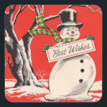 Pegatina Cuadrada Vintage Christmas Snowman<br><div class="desc">El retro Vintage Snowman de Navidad le desea Pegatina cuadrado.</div>