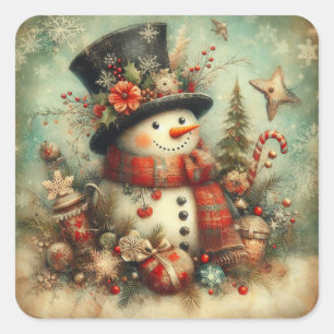 Pegatina Cuadrada Vintage Christmas Snowman