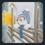 Pegatina Cuadrada Vintage Christmas Snowman and Bird<br><div class="desc">Vintage Snowman de Navidad mirando a un pegatina de aves. Utilícelos para artesanías,  tarjetas de vacaciones,  scrapreserve y más!</div>