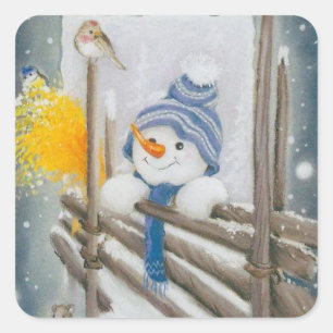 Pegatina Cuadrada Vintage Christmas Snowman and Bird