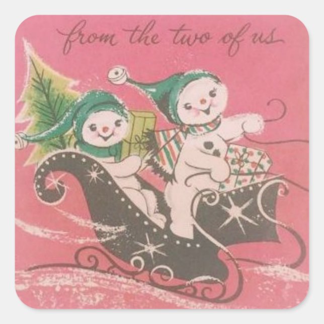 Pegatina Cuadrada Vintage Christmas Snowman Couple (Anverso)