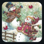 Pegatina Cuadrada Vintage Christmas Snowmen<br><div class="desc">Pegatina cuadrado</div>