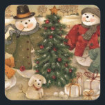 Pegatina Cuadrada Vintage Christmas Snowmen<br><div class="desc">Vintage Christmas Snowmen</div>