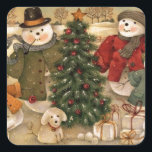 Pegatina Cuadrada Vintage Christmas Snowmen<br><div class="desc">Vintage Christmas Snowmen</div>