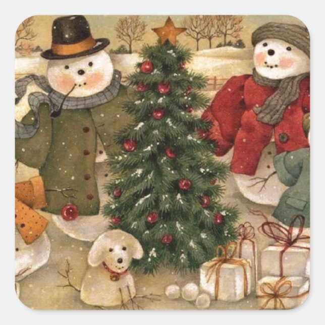Pegatina Cuadrada Vintage Christmas Snowmen (Anverso)