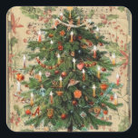 Pegatina Cuadrada Vintage Christmas Tree Music<br><div class="desc">Añada algo de encanto a sus vacaciones con estos pegatinas antiguos de Navidad con un árbol de Navidad y un fondo de poinsettia con música de Santa Claus!</div>