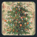 Pegatina Cuadrada Vintage Christmas Tree Music<br><div class="desc">Añada algo de encanto a sus vacaciones con estos pegatinas antiguos de Navidad con un árbol de Navidad y un fondo de poinsettia con música de Santa Claus!</div>