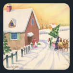 Pegatina Cuadrada Vintage Christmas Tree on a Snowley Winter Road<br><div class="desc">Ilustracion Vintage Diseño navideño de Feliz Navidad con una carretera cubierta de nieve durante la temporada invernal. Una familia está trayendo a casa un pino recién cortado o un árbol navideño de abetos en un trineo tirado por un caballo.</div>
