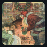 Pegatina Cuadrada Vintage Christmas, victoriano Santa Claus Children<br><div class="desc">Ilustracion de época Victorian Festividad navideña Feliz Navidad con un alegre Papá Noel entregando juguetes a dos niños durmiendo cerca de la chimenea en la Noche Navidad. La niña está recibiendo una muñeca de juguete. Una corona de hojas huecas está colgada en el manto sobre el fuego.</div>