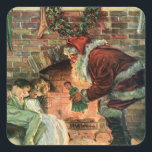 Pegatina Cuadrada Vintage Christmas, victoriano Santa Claus Children<br><div class="desc">Ilustracion de época Victorian Festividad navideña Feliz Navidad con un alegre Papá Noel entregando juguetes a dos niños durmiendo cerca de la chimenea en la Noche Navidad. La niña está recibiendo una muñeca de juguete. Una corona de hojas huecas está colgada en el manto sobre el fuego.</div>