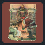 Pegatina Cuadrada Vintage Christmas, victoriano Santa Claus Children<br><div class="desc">Ilustracion de época Victorian Festividad navideña Feliz Navidad con un alegre Papá Noel entregando juguetes a dos niños durmiendo cerca de la chimenea en la Noche Navidad. La niña está recibiendo una muñeca de juguete. Una corona de hojas huecas está colgada en el manto sobre el fuego.</div>