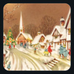 Pegatina Cuadrada Vintage Christmas Winter Snow Town<br><div class="desc">Vintage Christmas Winter Snow Town</div>