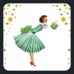Pegatina Cuadrada Vintage Christmas Woman sacando una vela<br><div class="desc">Vintage Christmas Woman sacando una vela</div>