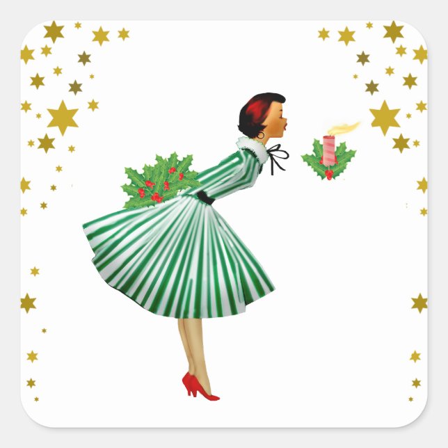 Pegatina Cuadrada Vintage Christmas Woman sacando una vela (Anverso)