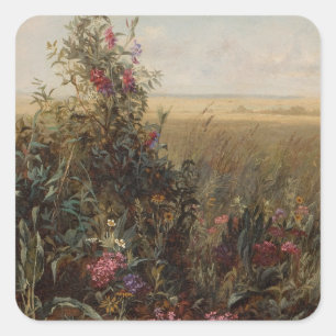 Pegatina Cuadrada Vintage Colorful Meadow con diseño de flores silve