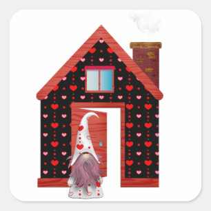 Pegatina Cuadrada Vintage corazones de amor gnome y su casa de coraz