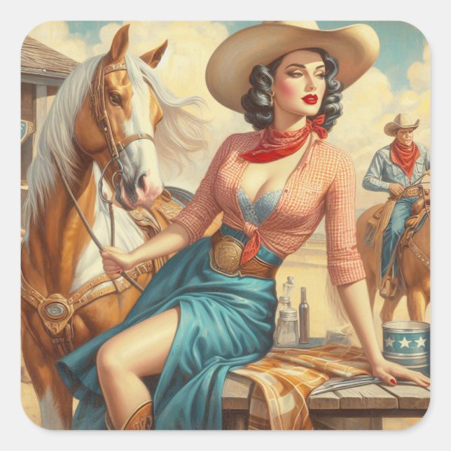 Pegatina Cuadrada Vintage Cowgirl (Anverso)
