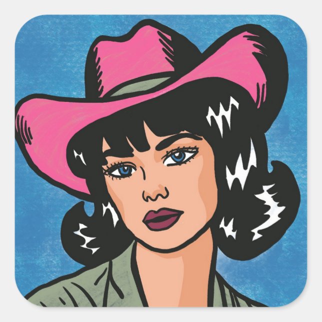 Pegatina Cuadrada Vintage Cowgirl Hand Drake Pop Art (Anverso)