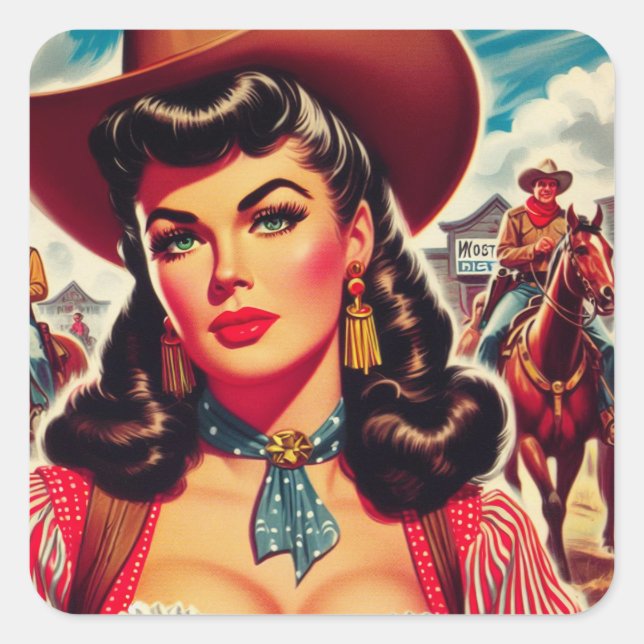 Pegatina Cuadrada Vintage Cowgirl Pin-up (Anverso)
