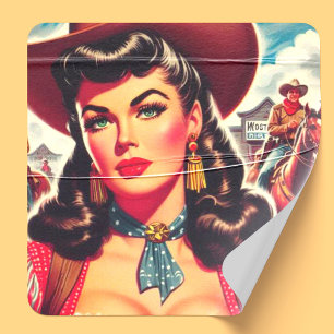 Pegatina Cuadrada Vintage Cowgirl Pin-up