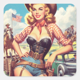Pegatina Cuadrada Vintage Cowgirl Pin Up