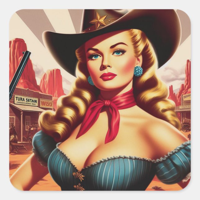 Pegatina Cuadrada Vintage Cowgirl Pin-up (Anverso)