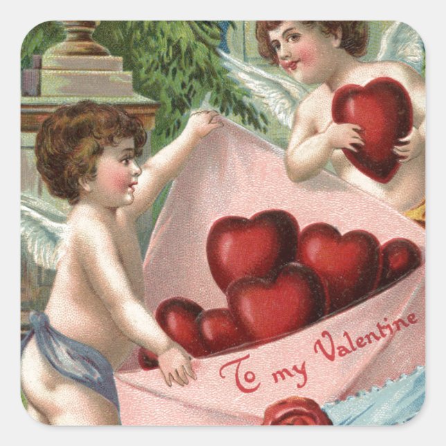Pegatina Cuadrada Vintage Cupids Valentine (Anverso)