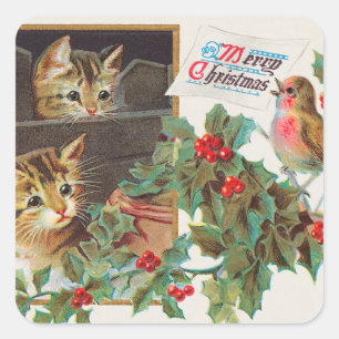 Pegatina Cuadrada Vintage Cute Cats y Bird Merry navidad