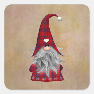 Pegatina Cuadrada Vintage Cute Love Plaid Red Gnome con corazones