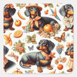 Pegatina Cuadrada Vintage Dachshund Seamless