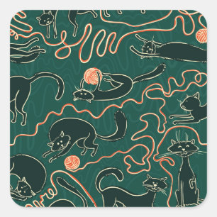 Pegatina Cuadrada Vintage de gatos: Patrón sin soldadura de garabato