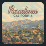 Pegatina Cuadrada Vintage de las montañas de Pasadena Los Angeles Ca<br><div class="desc">La arquitectura mediterránea, las palmeras y las montañas brillan a la hora dorada en Pasadena, California. Pasadena, California, fundada en 1874, es una ciudad encantadora conocida por su rico patrimonio cultural y su hermosa arquitectura. Entre los principales lugares de interés se incluyen la histórica Gamble House, un ejemplo icónico de...</div>