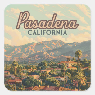 Pegatina Cuadrada Vintage de las montañas de Pasadena Los Angeles Ca