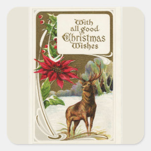 Pegatina Cuadrada Vintage Deer in Snow Light Gray Navidades