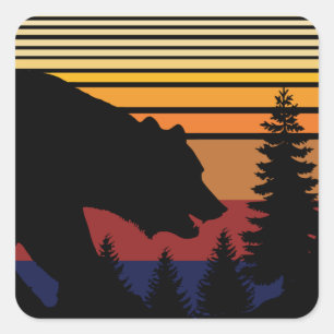 Pegatina Cuadrada Vintage del bosque de oso