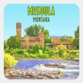 Pegatina Cuadrada Vintage del río Centro de Missoula Montana