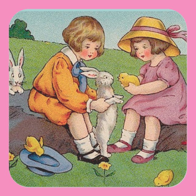 Pegatina Cuadrada Vintage Easter Boy y Chica (Subido por el creador)