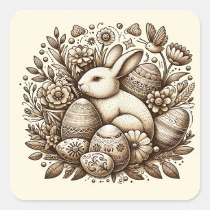 Pegatina Cuadrada Vintage Easter Bunny Flowers & Eggs 1er cumpleaños