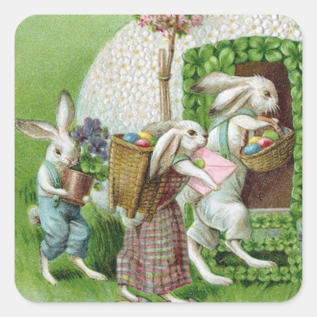 Pegatina Cuadrada Vintage Easter Bunny y Eggys Garden (Anverso)